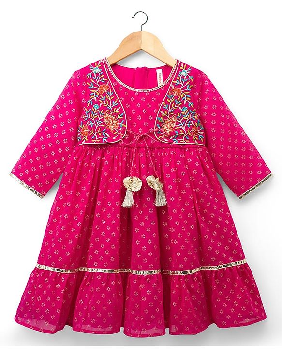 Babyhug Georgette Woven Full Sleeves Printed Ethnic Dress & Jacket With Floral Embroidery - Fuschia