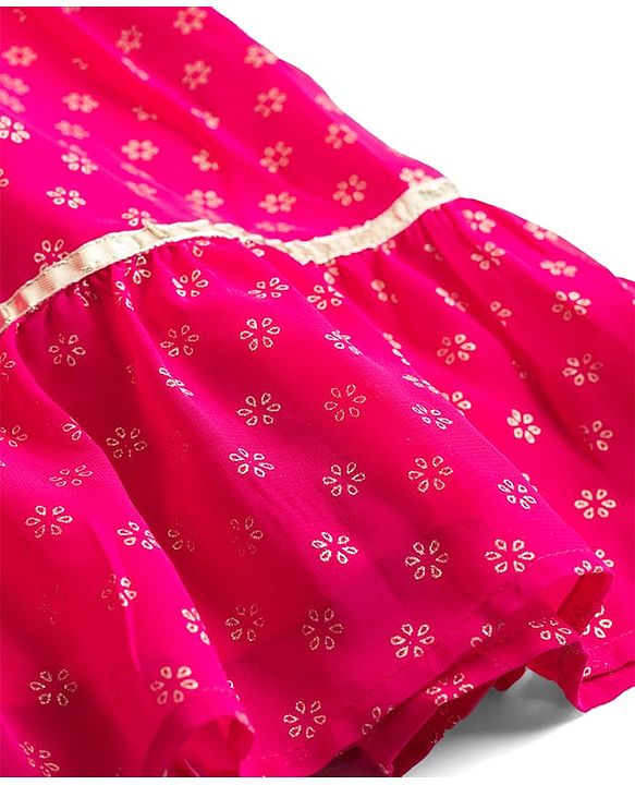 Babyhug Georgette Woven Full Sleeves Printed Ethnic Dress & Jacket With Floral Embroidery - Fuschia