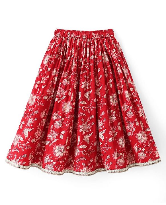 Babyhug 100% Cotton Cambric Woven Sleeveless Floral Printed Choli & Lehenga Set With Dupatta - Red