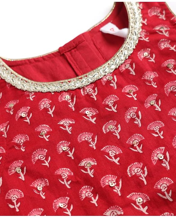 Babyhug 100% Cotton Cambric Woven Sleeveless Floral Printed Choli & Lehenga Set With Dupatta - Red