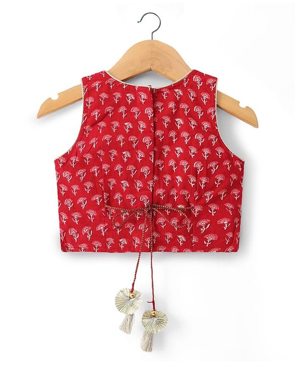 Babyhug 100% Cotton Cambric Woven Sleeveless Floral Printed Choli & Lehenga Set With Dupatta - Red