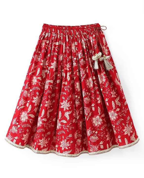 Babyhug 100% Cotton Cambric Woven Sleeveless Floral Printed Choli & Lehenga Set With Dupatta - Red