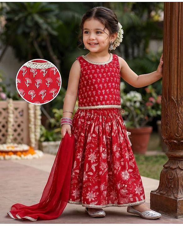 Babyhug 100% Cotton Cambric Woven Sleeveless Floral Printed Choli & Lehenga Set With Dupatta - Red
