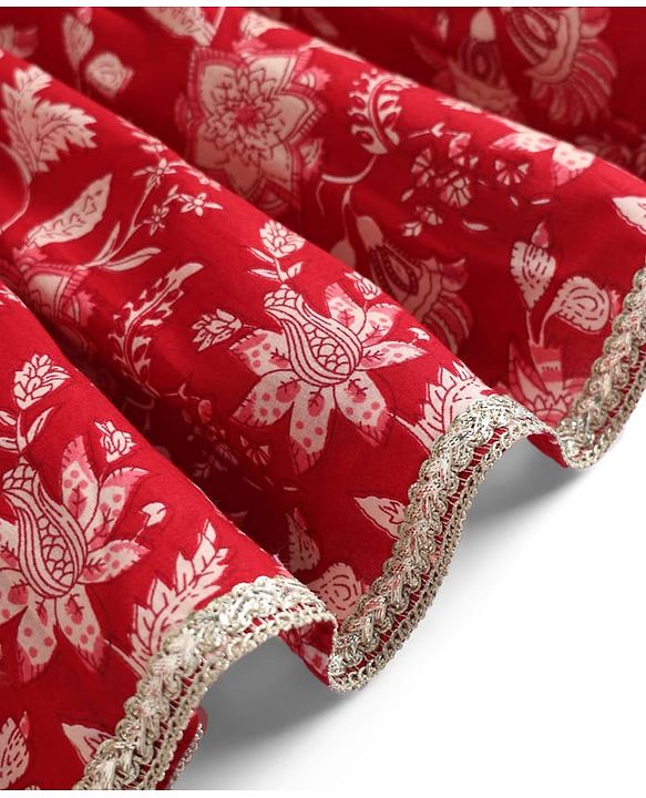 Babyhug 100% Cotton Cambric Woven Sleeveless Floral Printed Choli & Lehenga Set With Dupatta - Red