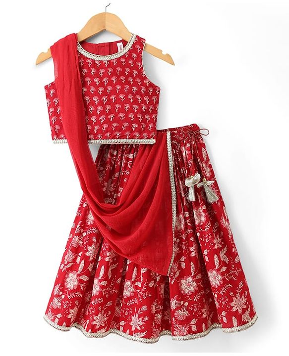 Babyhug 100% Cotton Cambric Woven Sleeveless Floral Printed Choli & Lehenga Set With Dupatta - Red