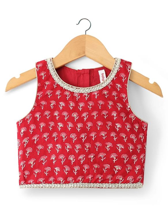 Babyhug 100% Cotton Cambric Woven Sleeveless Floral Printed Choli & Lehenga Set With Dupatta - Red