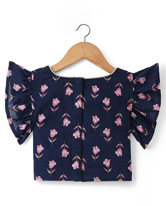 Babyhug 100% Cotton Cambric Woven Half Sleeves Choli Lehenga Set with Floral Print & Dupatta - Navy Blue