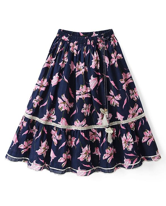 Babyhug 100% Cotton Cambric Woven Half Sleeves Choli Lehenga Set with Floral Print & Dupatta - Navy Blue