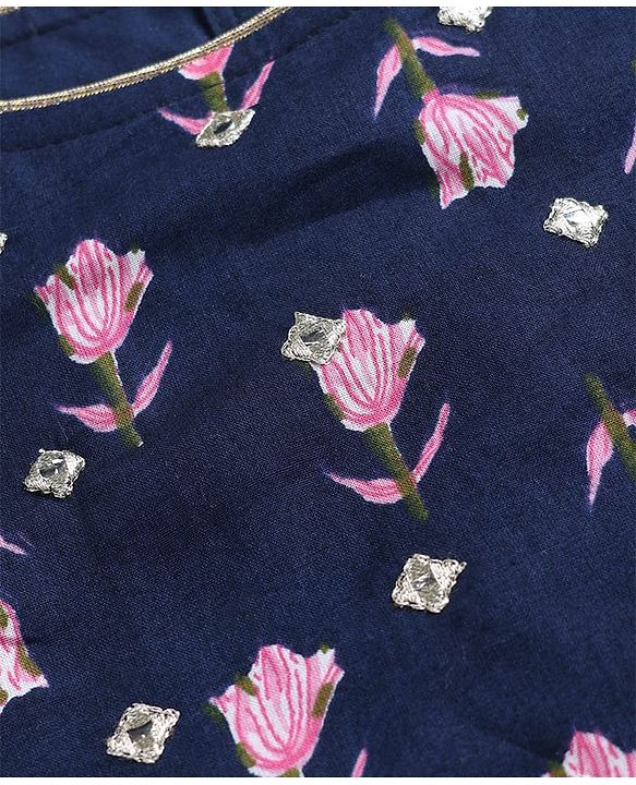 Babyhug 100% Cotton Cambric Woven Half Sleeves Choli Lehenga Set with Floral Print & Dupatta - Navy Blue