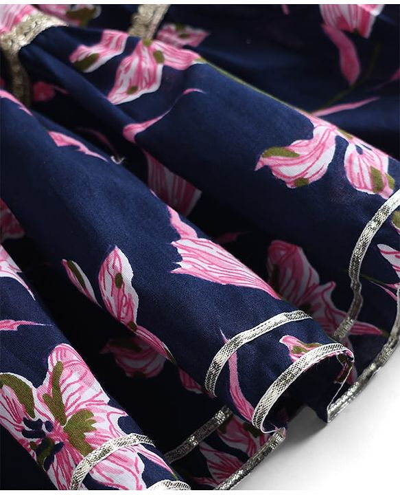 Babyhug 100% Cotton Cambric Woven Half Sleeves Choli Lehenga Set with Floral Print & Dupatta - Navy Blue