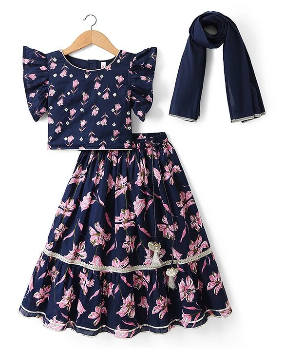 Babyhug 100% Cotton Cambric Woven Half Sleeves Choli Lehenga Set with Floral Print & Dupatta - Navy Blue