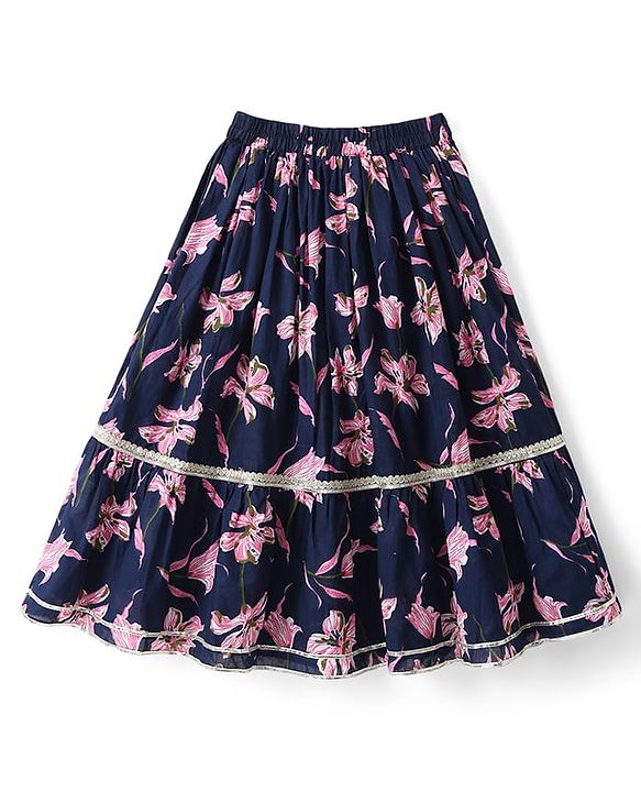 Babyhug 100% Cotton Cambric Woven Half Sleeves Choli Lehenga Set with Floral Print & Dupatta - Navy Blue