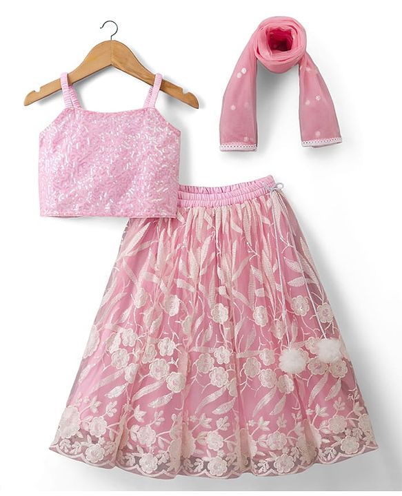 Babyhug Net Woven Sleeveless Choli Lehenga Set with Sequin Detailing & Dupatta - Pink