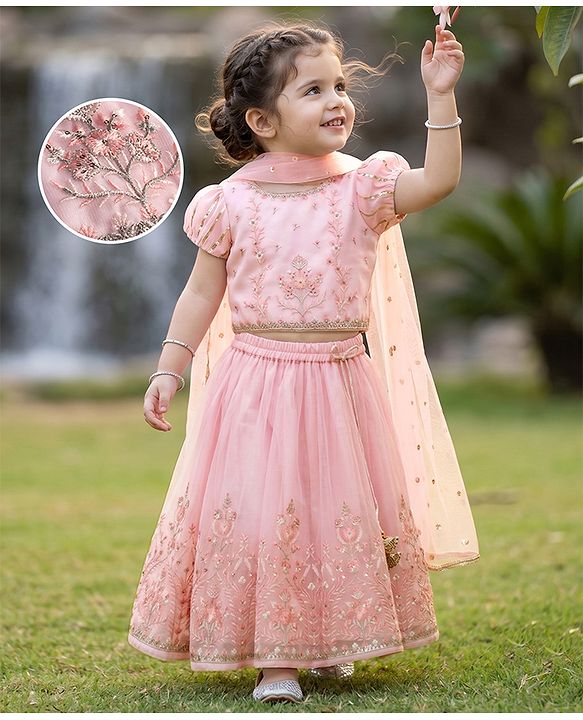 Babyhug Net Woven Half Sleeves Floral Embroidered Lehenga Choli Set with Dupatta - Pink