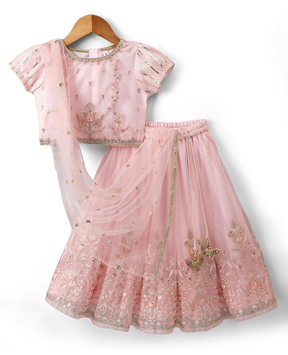 Babyhug Net Woven Half Sleeves Floral Embroidered Lehenga Choli Set with Dupatta - Pink
