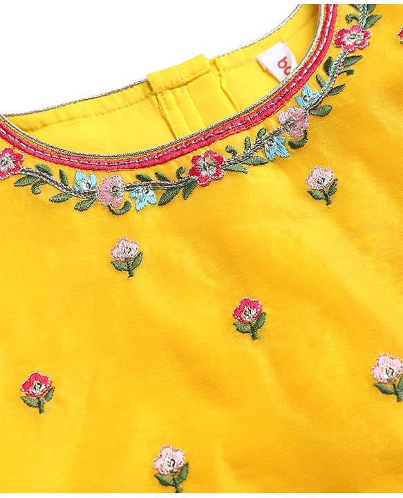 Babyhug Georgette Woven Half Sleeves Choli Lehenga Set with Floral Embroidery & Dupatta - Pink & Yellow