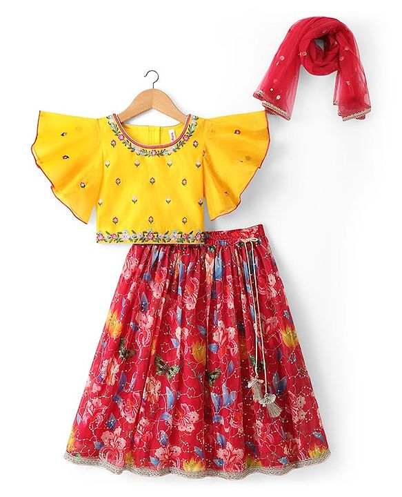 Babyhug Georgette Woven Half Sleeves Choli Lehenga Set with Floral Embroidery & Dupatta - Pink & Yellow