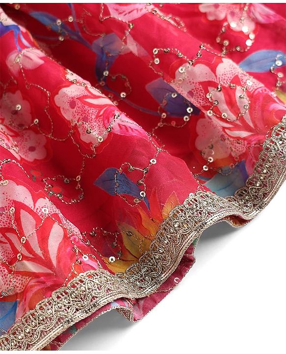 Babyhug Georgette Woven Half Sleeves Choli Lehenga Set with Floral Embroidery & Dupatta - Pink & Yellow