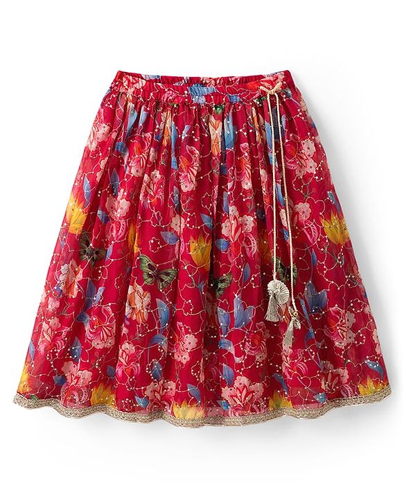 Babyhug Georgette Woven Half Sleeves Choli Lehenga Set with Floral Embroidery & Dupatta - Pink & Yellow