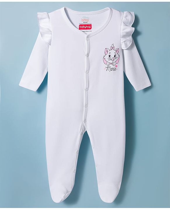 Babyhug Disney 100% Cotton Knit Full Sleeves Sleepsuits With Disney Character Graphic Pack of 2 - White