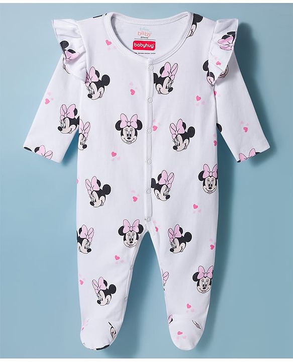 Babyhug Disney 100% Cotton Knit Full Sleeves Sleepsuits With Disney Character Graphic Pack of 2 - White