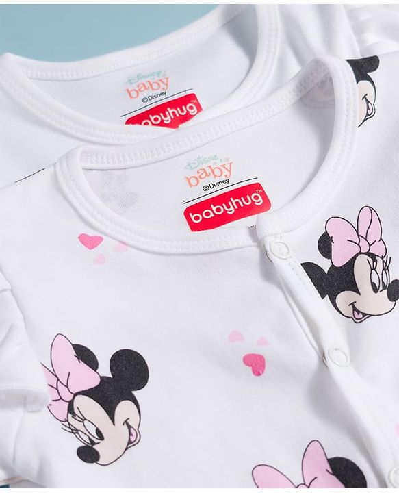 Babyhug Disney 100% Cotton Knit Full Sleeves Sleepsuits With Disney Character Graphic Pack of 2 - White
