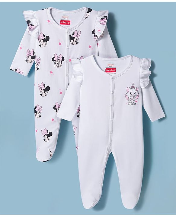 Babyhug Disney 100% Cotton Knit Full Sleeves Sleepsuits With Disney Character Graphic Pack of 2 - White