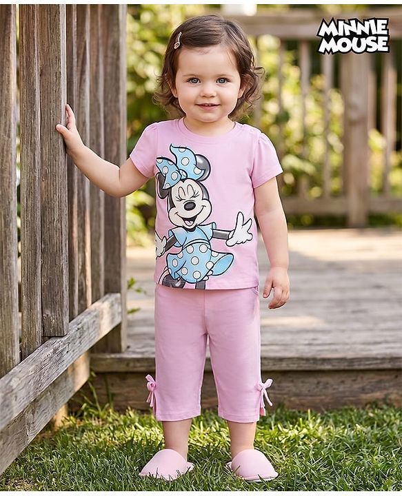 Babyhug Disney Single Jersey Knit Half Sleeves Minnie Mouse Printed T-Shirt & Capri Night Suit - Light Pink