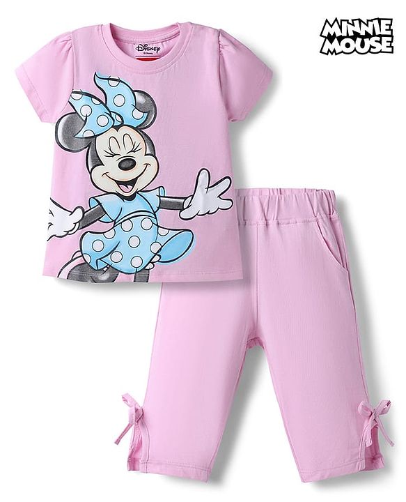 Babyhug Disney Single Jersey Knit Half Sleeves Minnie Mouse Printed T-Shirt & Capri Night Suit - Light Pink
