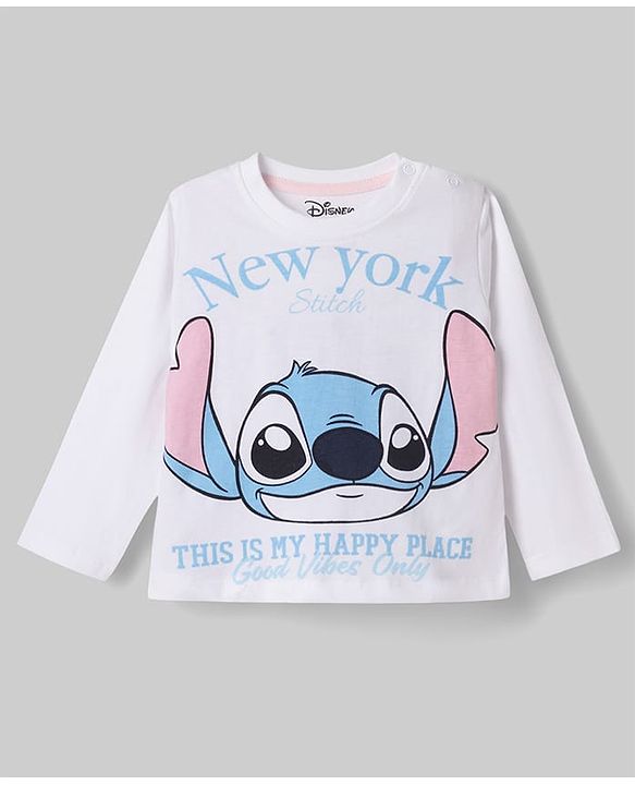 Babyhug Disney Single Jersey Knit Full Sleeves T-Shirt & Pyjama Night Suit with Stitch Graphics - White