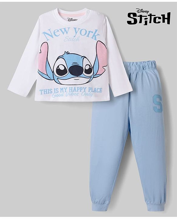 Babyhug Disney Single Jersey Knit Full Sleeves T-Shirt & Pyjama Night Suit with Stitch Graphics - White
