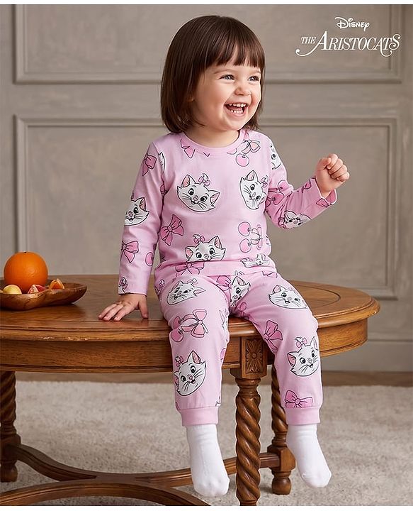Babyhug Disney 100% Cotton Knit Full Sleeves Co-Ords T-Shirt & Pyjama Night Suit With Marie Graphic - Pink