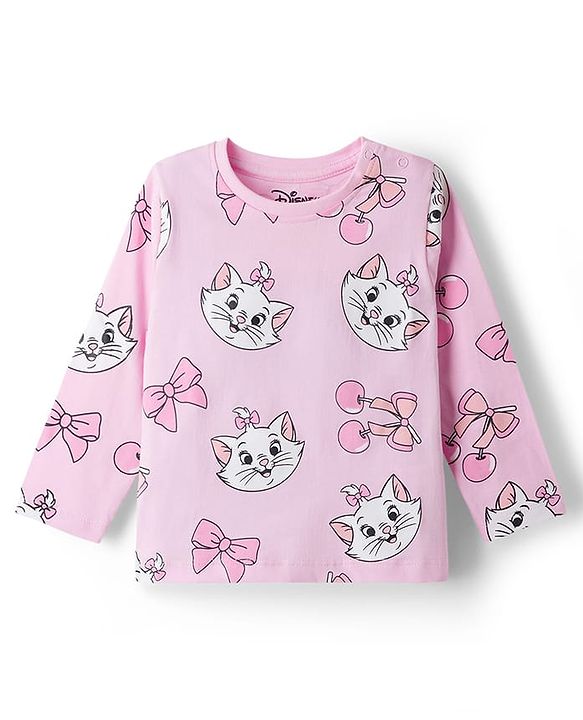 Babyhug Disney 100% Cotton Knit Full Sleeves Co-Ords T-Shirt & Pyjama Night Suit With Marie Graphic - Pink