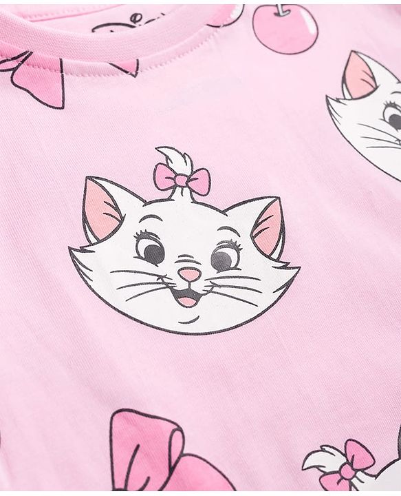 Babyhug Disney 100% Cotton Knit Full Sleeves Co-Ords T-Shirt & Pyjama Night Suit With Marie Graphic - Pink