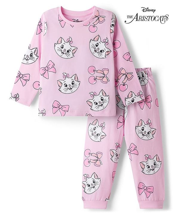 Babyhug Disney 100% Cotton Knit Full Sleeves Co-Ords T-Shirt & Pyjama Night Suit With Marie Graphic - Pink