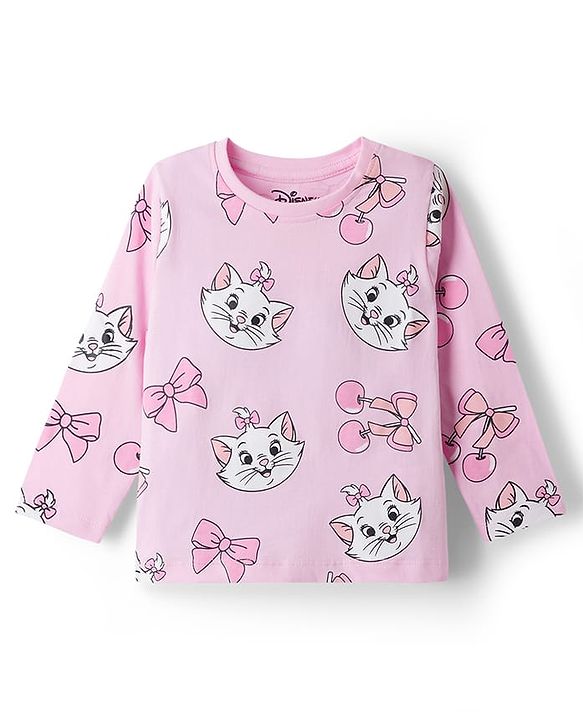 Babyhug Disney 100% Cotton Knit Full Sleeves Co-Ords T-Shirt & Pyjama Night Suit With Marie Graphic - Pink