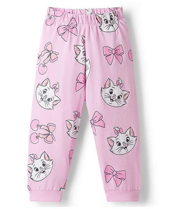 Babyhug Disney 100% Cotton Knit Full Sleeves Co-Ords T-Shirt & Pyjama Night Suit With Marie Graphic - Pink