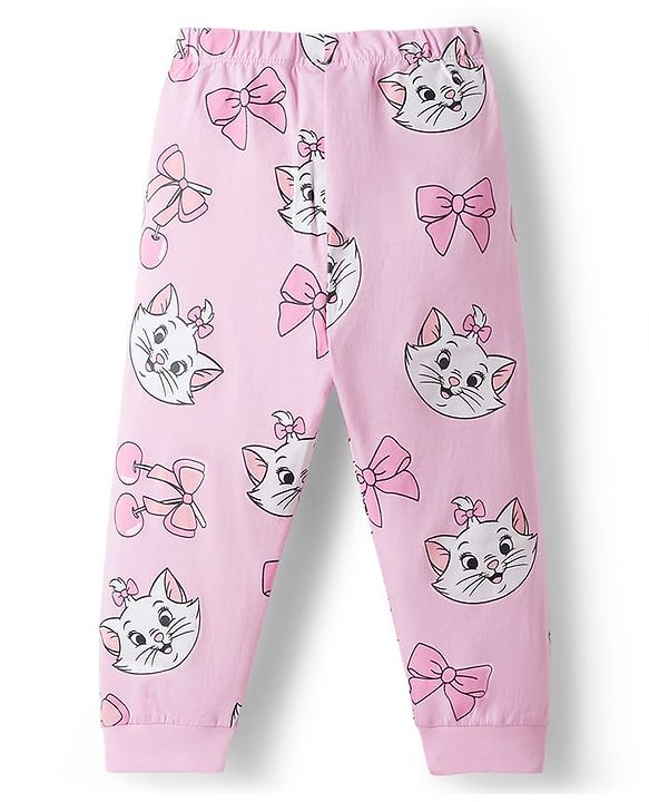 Babyhug Disney 100% Cotton Knit Full Sleeves Co-Ords T-Shirt & Pyjama Night Suit With Marie Graphic - Pink