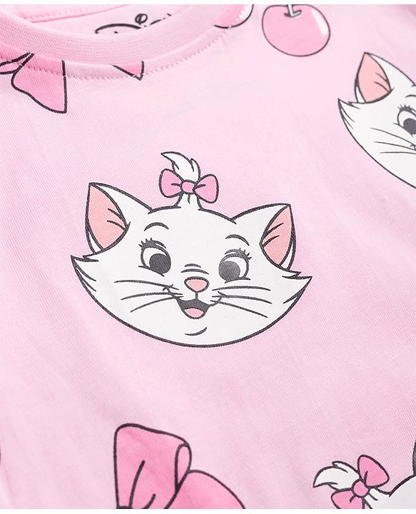 Babyhug Disney 100% Cotton Knit Full Sleeves Co-Ords T-Shirt & Pyjama Night Suit With Marie Graphic - Pink