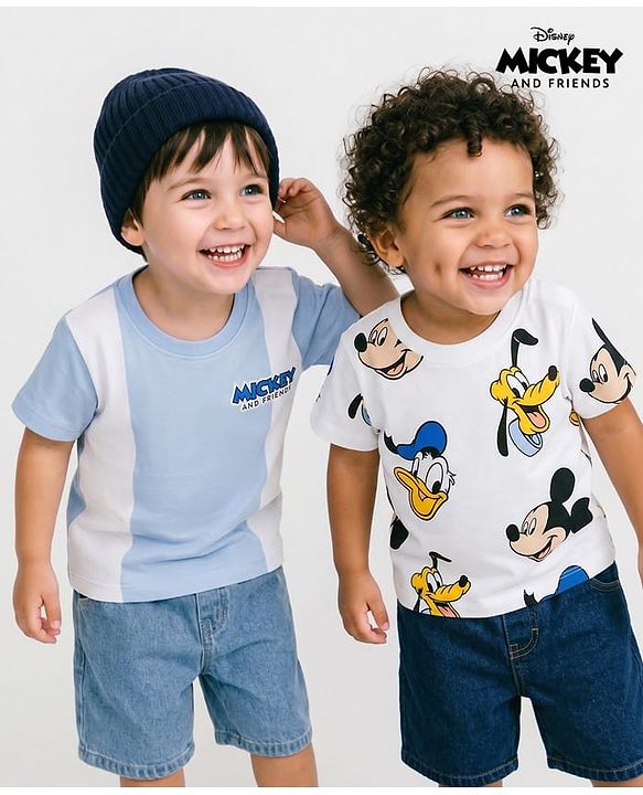 Babyhug Disney Single Jersey Knit Half Sleeves T-Shirt With Mickey Mouse Graphics Pack of 2 - Multicolor