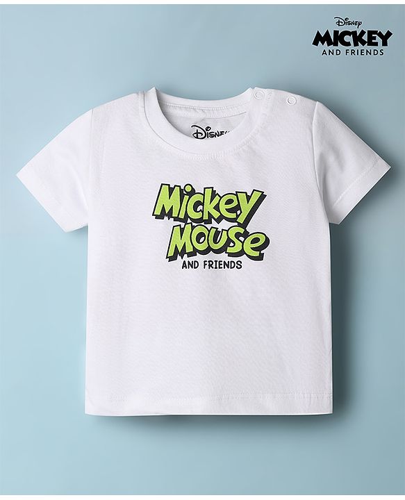Babyhug Disney Single Jersey Knit Half Sleeves T-Shirt With Front & Back Mickey Mouse Graphics - White