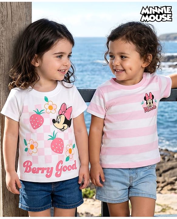 Babyhug Disney Cotton Knit T-Shirts with Minnie and Friends Graphic Half Sleeves Round Neck Multi Color 3-6 Months Pack of 2