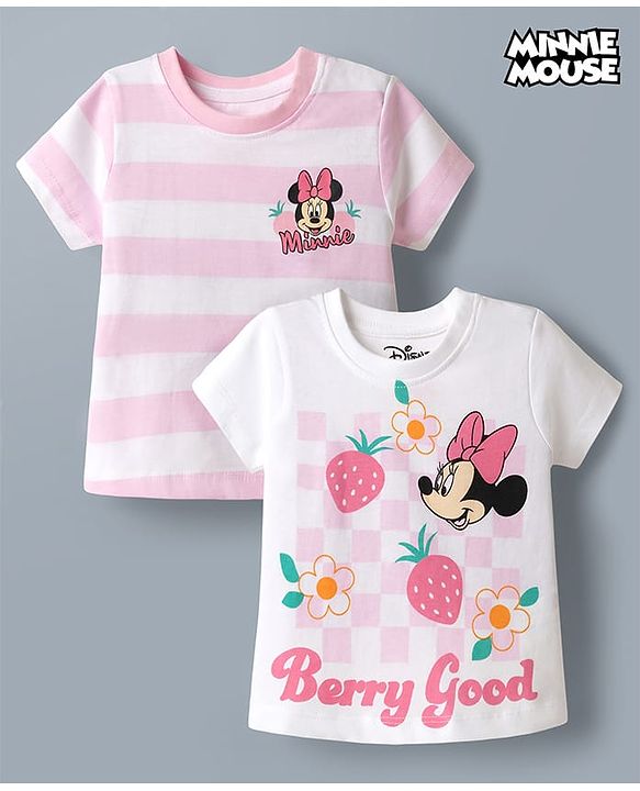 Babyhug Disney Cotton Knit T-Shirts with Minnie and Friends Graphic Half Sleeves Round Neck Multi Color 3-6 Months Pack of 2
