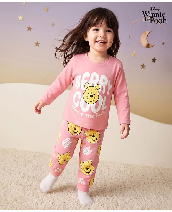 Babyhug Disney Single Jersey Knit Full Sleeves T-Shirt & Joggers Night Suit With Winnie The Pooh Graphics - Pink