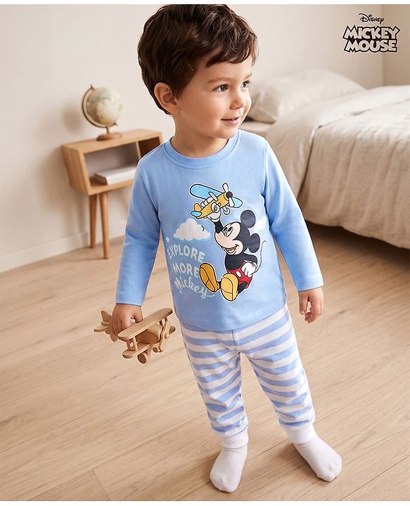 Babyhug Disney Single Jersey Knit Full Sleeves T-Shirt & Striped Pyjama Night Suit With Mickey Mouse Graphic - Light Blue