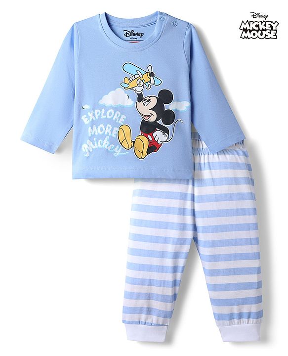 Babyhug Disney Single Jersey Knit Full Sleeves T-Shirt & Striped Pyjama Night Suit With Mickey Mouse Graphic - Light Blue