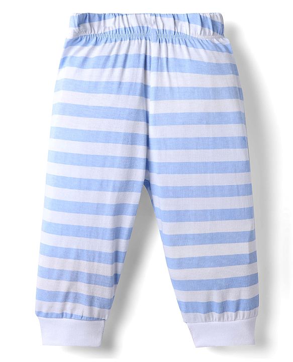 Babyhug Disney Single Jersey Knit Full Sleeves T-Shirt & Striped Pyjama Night Suit With Mickey Mouse Graphic - Light Blue