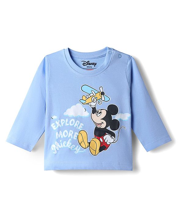 Babyhug Disney Single Jersey Knit Full Sleeves T-Shirt & Striped Pyjama Night Suit With Mickey Mouse Graphic - Light Blue