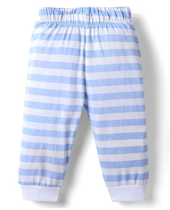 Babyhug Disney Single Jersey Knit Full Sleeves T-Shirt & Striped Pyjama Night Suit With Mickey Mouse Graphic - Light Blue