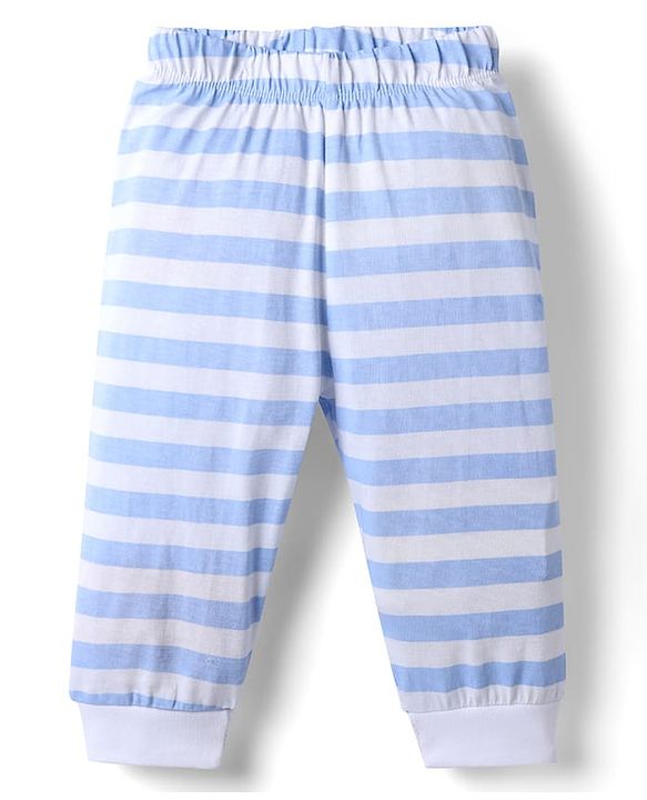 Babyhug Disney Single Jersey Knit Full Sleeves T-Shirt & Striped Pyjama Night Suit With Mickey Mouse Graphic - Light Blue